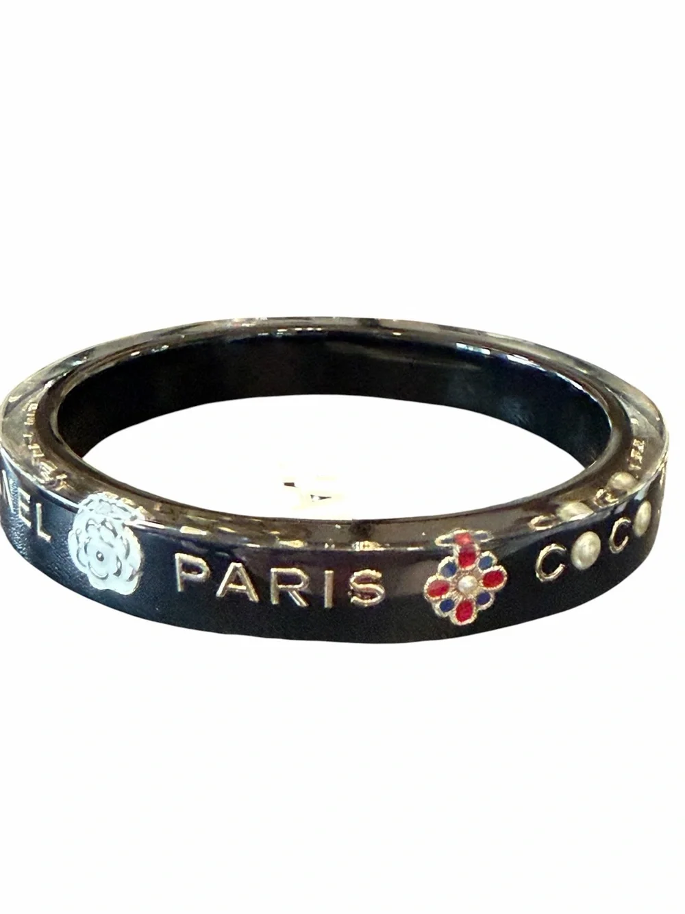 CHANEL Black and Silver Resin Logo Bangle